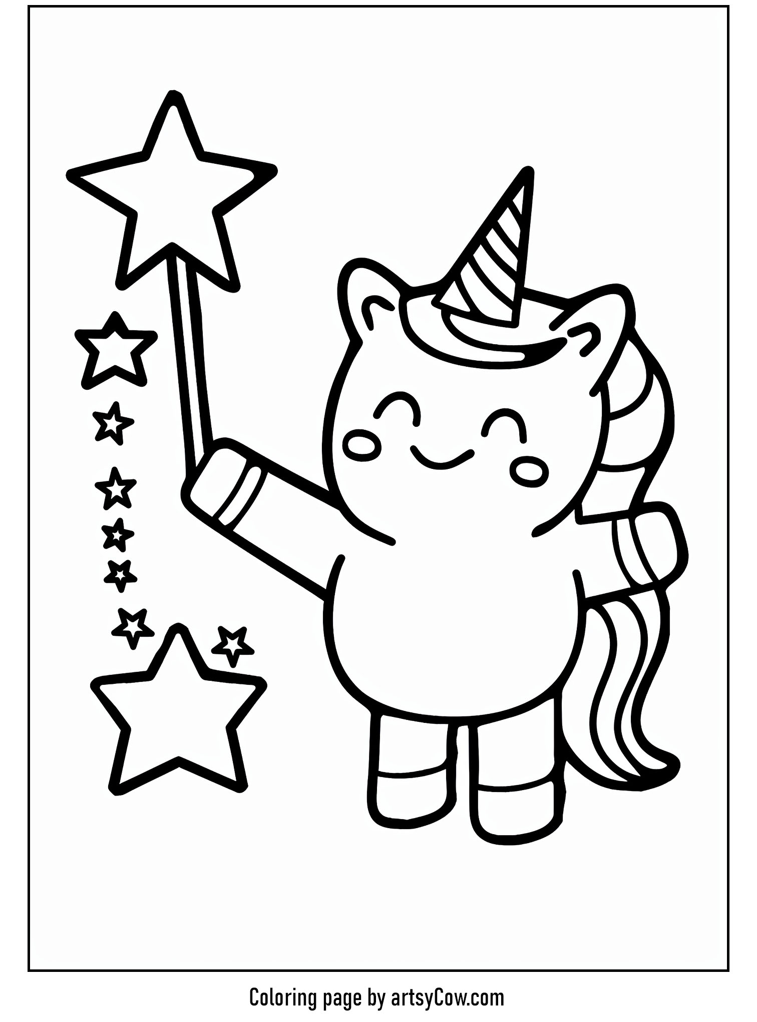 a cute, smiling unicorn holding a tall star wand